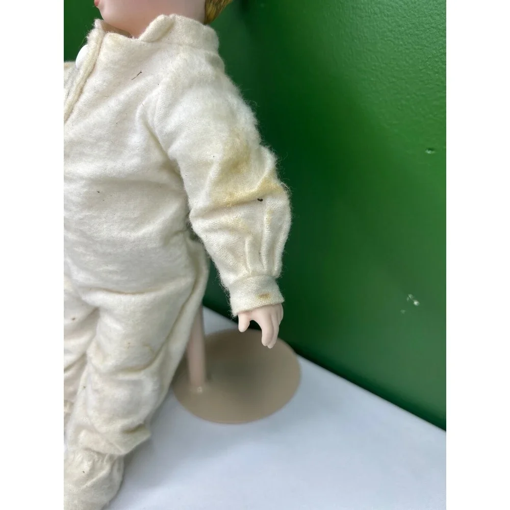 Vintage Porcelain Boy Doll Singing Yawning Open Mouth Cream Sleeper with Stand